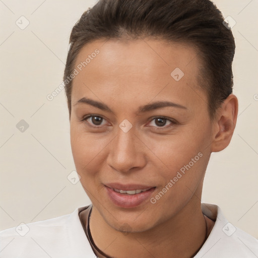 Joyful white young-adult female with short  brown hair and brown eyes