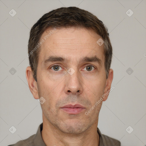 Neutral white adult male with short  brown hair and brown eyes