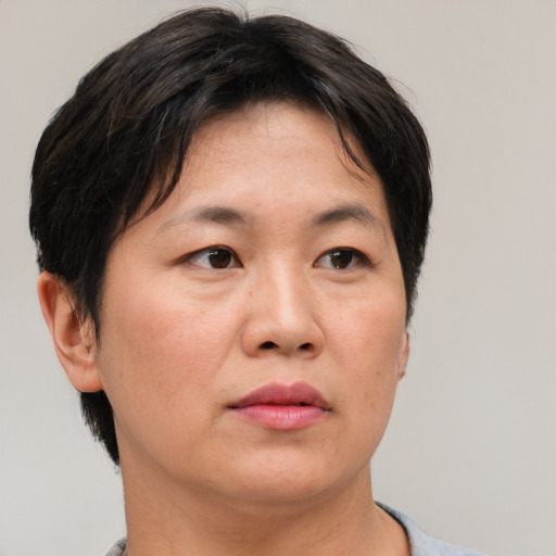 Neutral asian adult female with short  brown hair and brown eyes