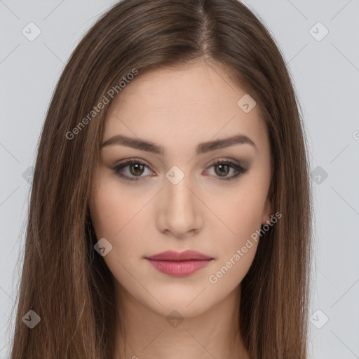 Neutral white young-adult female with long  brown hair and brown eyes