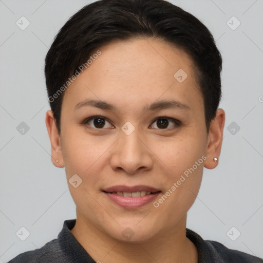 Joyful asian young-adult female with short  brown hair and brown eyes