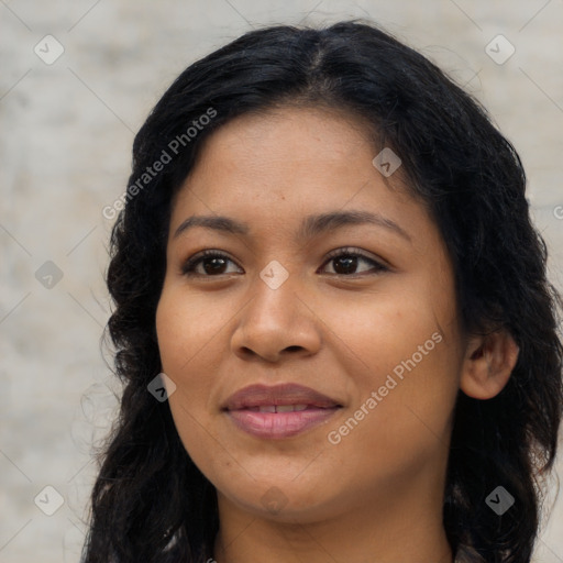 Joyful asian young-adult female with long  brown hair and brown eyes