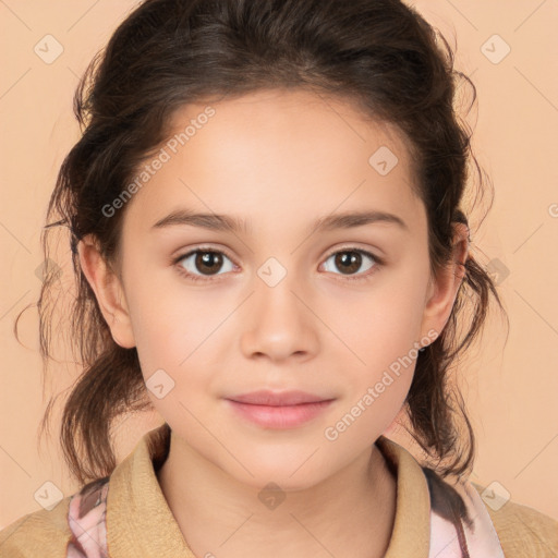 Joyful white child female with medium  brown hair and brown eyes