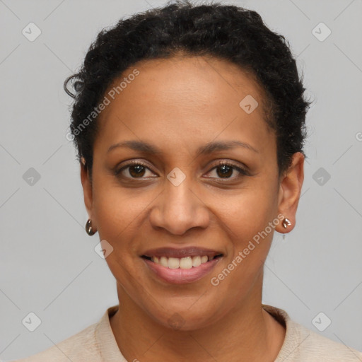 Joyful latino young-adult female with short  brown hair and brown eyes