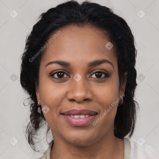 Joyful black young-adult female with medium  brown hair and brown eyes