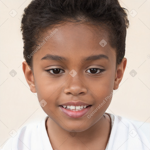 Joyful white child female with short  brown hair and brown eyes