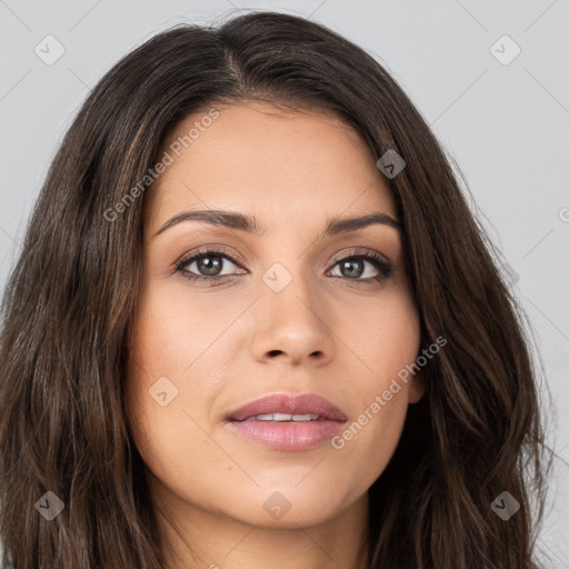 Joyful white young-adult female with long  brown hair and brown eyes