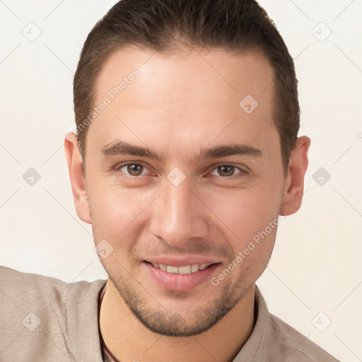 Joyful white young-adult male with short  brown hair and brown eyes