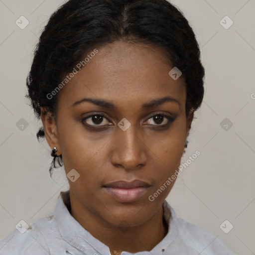 Neutral black young-adult female with short  brown hair and brown eyes