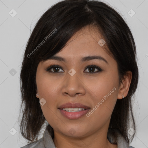 Joyful asian young-adult female with medium  brown hair and brown eyes