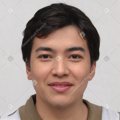 Joyful asian young-adult male with short  black hair and brown eyes