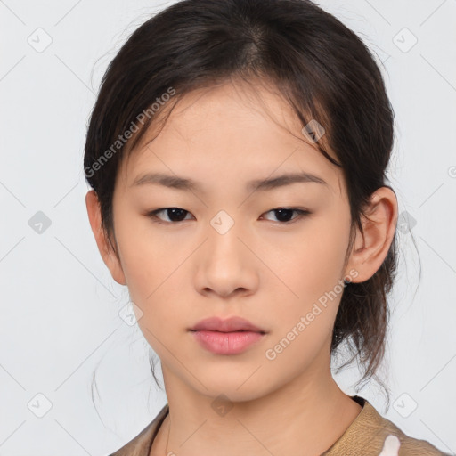 Neutral asian young-adult female with medium  brown hair and brown eyes