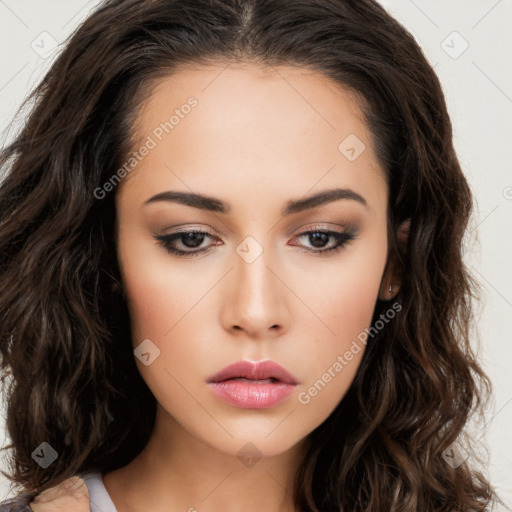 Neutral white young-adult female with long  brown hair and brown eyes