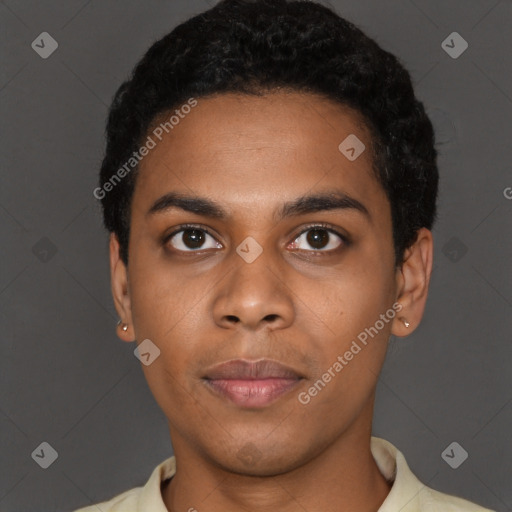 Neutral black young-adult male with short  black hair and brown eyes