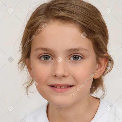 Joyful white child female with medium  brown hair and brown eyes