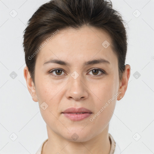 Joyful white young-adult female with short  brown hair and brown eyes