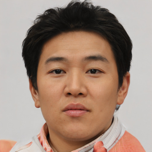 Neutral asian young-adult male with short  brown hair and brown eyes