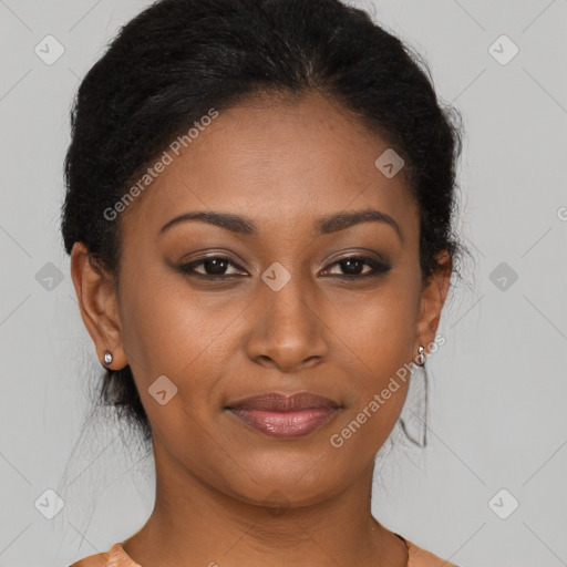 Joyful black young-adult female with medium  brown hair and brown eyes