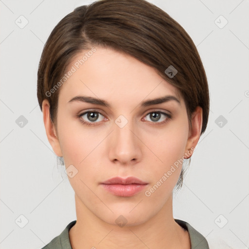 Neutral white young-adult female with medium  brown hair and brown eyes