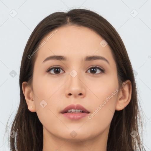 Neutral asian young-adult female with long  brown hair and brown eyes