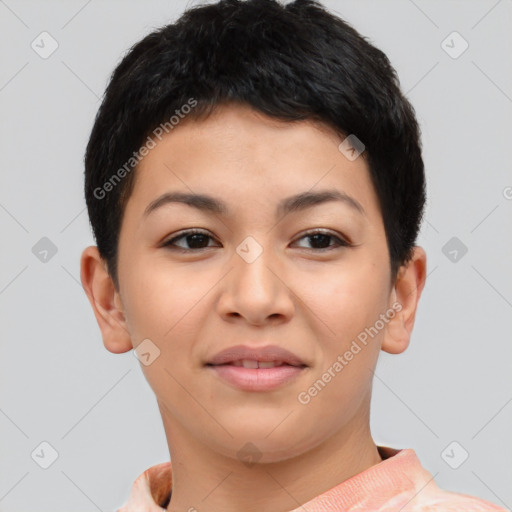 Joyful asian young-adult female with short  brown hair and brown eyes