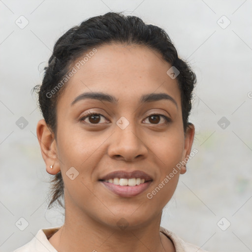 Joyful latino young-adult female with short  brown hair and brown eyes