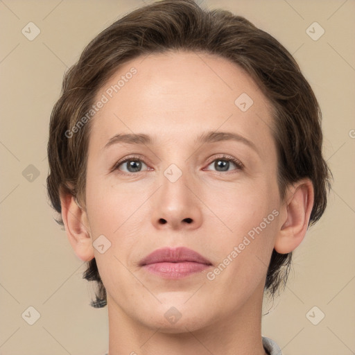 Joyful white young-adult female with medium  brown hair and green eyes