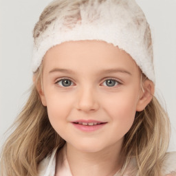 Joyful white child female with medium  brown hair and blue eyes