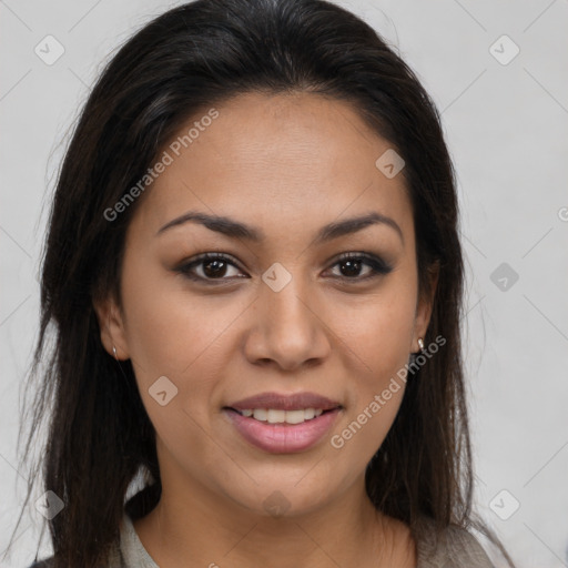 Joyful latino young-adult female with long  brown hair and brown eyes