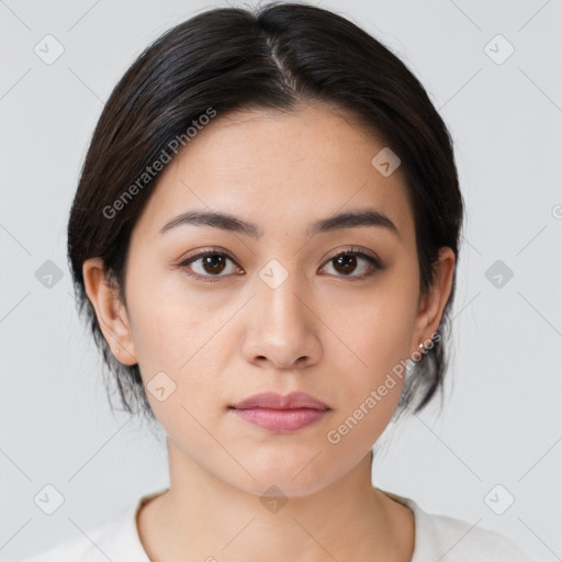 Neutral white young-adult female with medium  brown hair and brown eyes