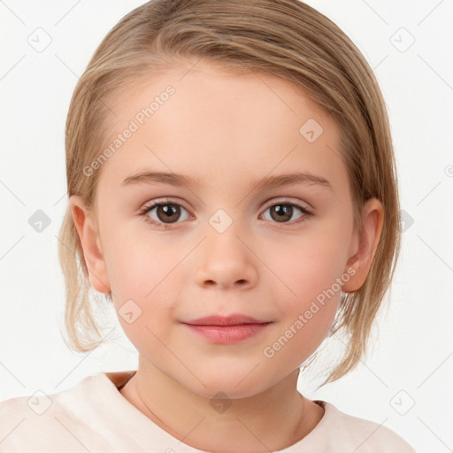 Joyful white child female with medium  brown hair and brown eyes