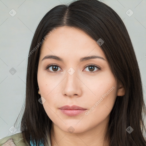 Neutral asian young-adult female with long  brown hair and brown eyes