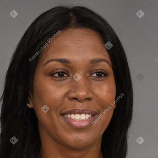 Joyful black young-adult female with long  brown hair and brown eyes