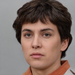 Neutral white young-adult female with short  brown hair and brown eyes