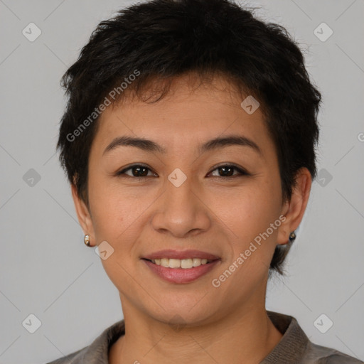 Joyful asian young-adult female with short  brown hair and brown eyes