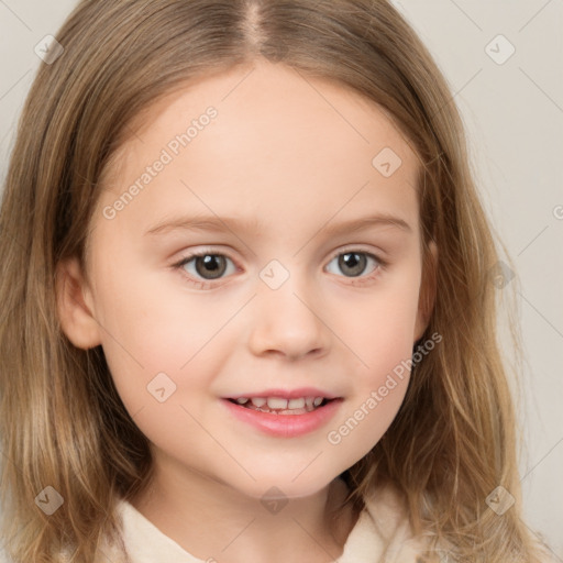 Joyful white child female with medium  brown hair and brown eyes