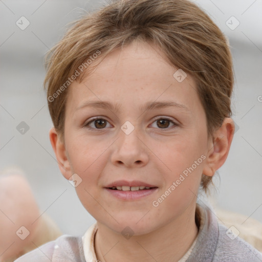 Joyful white child female with short  brown hair and brown eyes