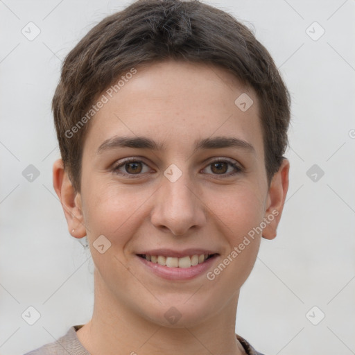 Joyful white young-adult female with short  brown hair and grey eyes