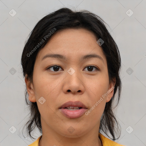 Joyful asian young-adult female with medium  brown hair and brown eyes