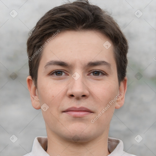 Neutral white young-adult male with short  brown hair and brown eyes