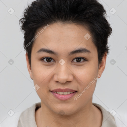 Joyful asian young-adult female with short  brown hair and brown eyes