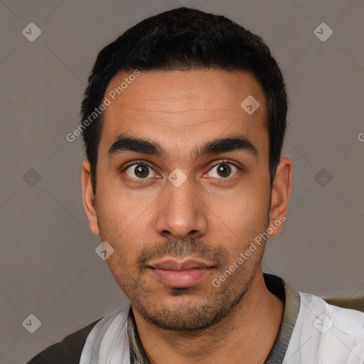 Neutral latino young-adult male with short  black hair and brown eyes