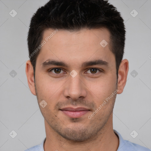 Neutral white young-adult male with short  brown hair and brown eyes