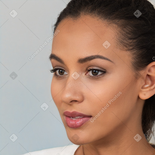 Neutral white young-adult female with medium  brown hair and brown eyes