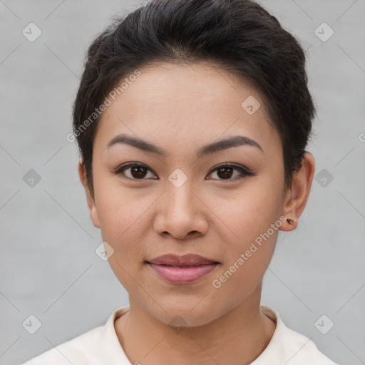 Joyful asian young-adult female with short  brown hair and brown eyes