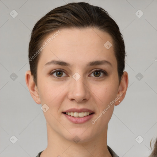 Joyful white young-adult female with short  brown hair and brown eyes