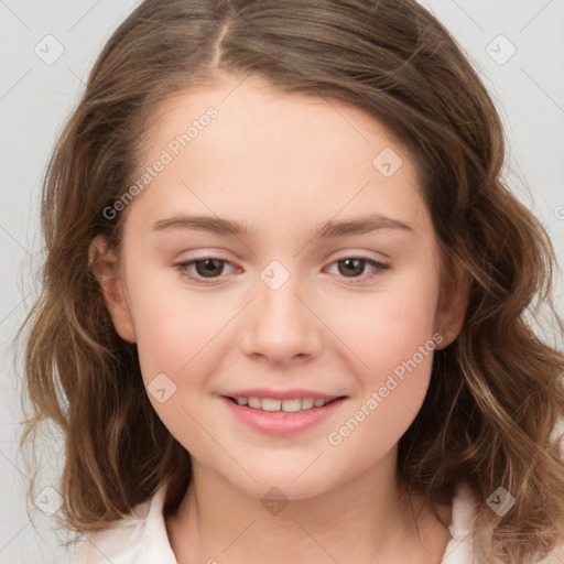 Joyful white child female with medium  brown hair and brown eyes