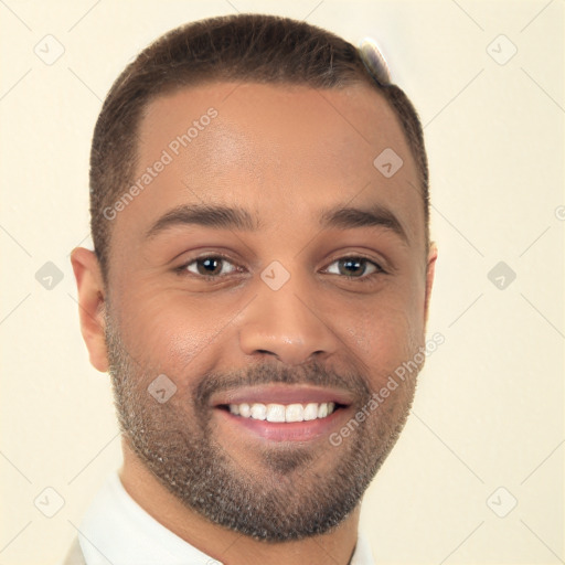 Joyful white young-adult male with short  brown hair and brown eyes