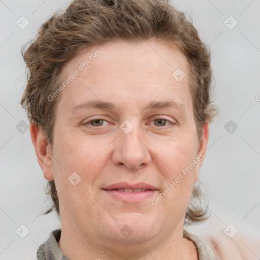 Joyful white adult female with short  brown hair and grey eyes