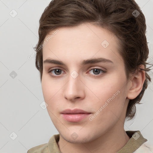 Neutral white young-adult female with medium  brown hair and brown eyes